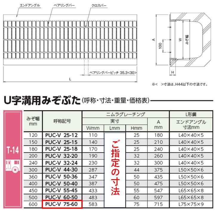 カット　U字溝　グレーチング　T-14　溝蓋　溝幅600mm　圧接式　ニムラ　スベリ止　鋼板製グレーチング　普通目　長さ指定　送料無料