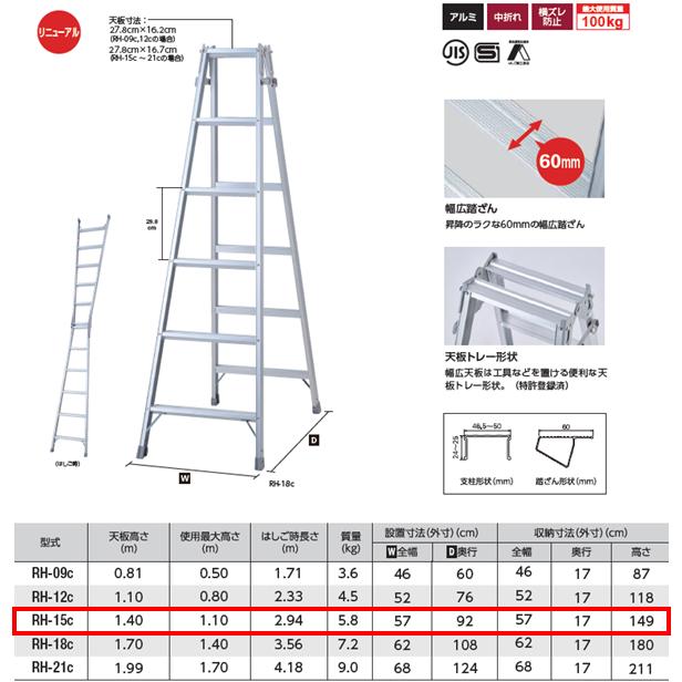 長谷川工業 ハセガワ RH-15C はしご兼用ステップ幅広脚立 5尺 (1.4m