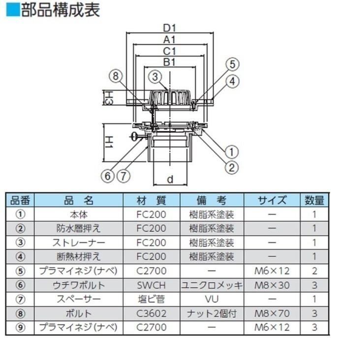 買蔵楽天 ルーフドレイン 外断熱用 屋上 フロアー用 サイズ 150 先付け 打込み式 ねじ込み接続 6インチ アスファルト シート防水用 SG1F＋W ニムラ