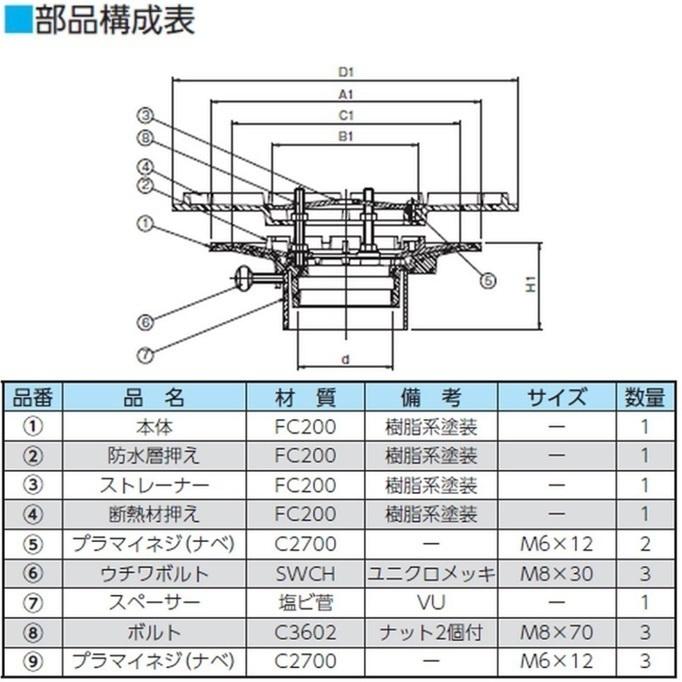 ルーフドレイン 外断熱用 廊下 踊り場用 サイズ 150 先付け 打込み式 ねじ込み接続 6インチ アスファルト シート防水用 SG1SJ＋W ニムラ_1