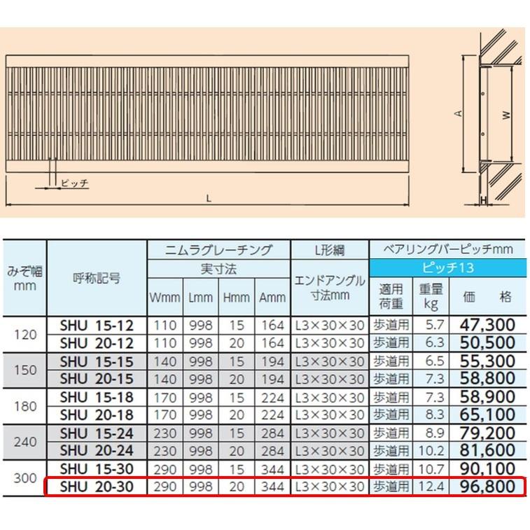 ステンレス製 U字溝 グレーチング 溝幅300mm 歩道用 ピッチ13 プレーン 高さ20mm ベアリングバー幅8mm Tバータイプ 溝蓋 ニムラ 送料無料_1
