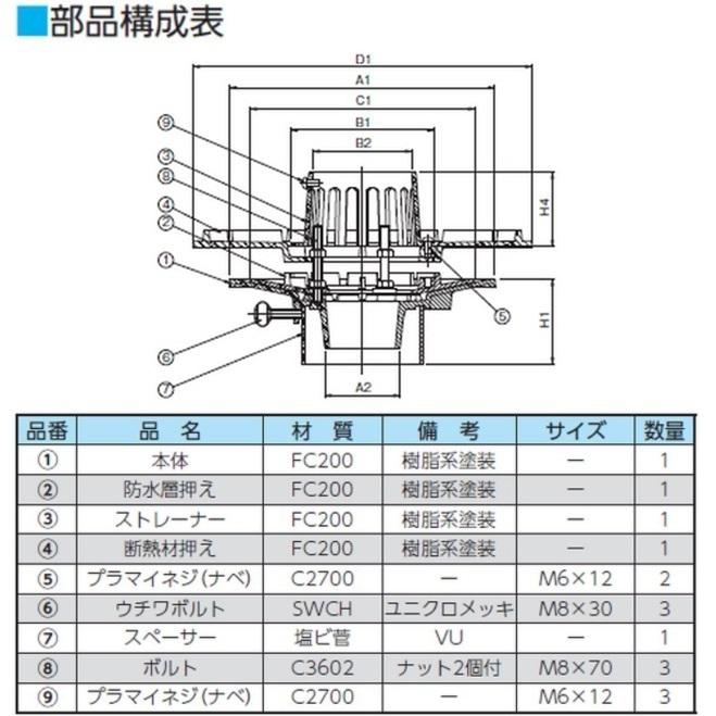 ルーフドレイン 外断熱用 バルコニー中継用 サイズ 125 先付け 打込み式 差込み接続 5インチ アスファルト シート防水用 SV1BJ＋W ニムラ