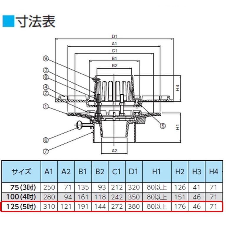 ルーフドレイン 外断熱用 バルコニー中継用 サイズ 125 先付け 打込み式 差込み接続 5インチ アスファルト シート防水用 SV1BJ＋W ニムラ