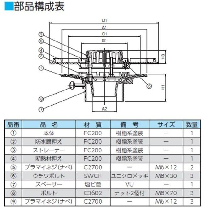 ルーフドレイン 外断熱用 屋上 フロアー用 サイズ 125 先付け 打込み式 差込み接続 5インチ アスファルト シート防水用 SV1FJ＋W ニムラ