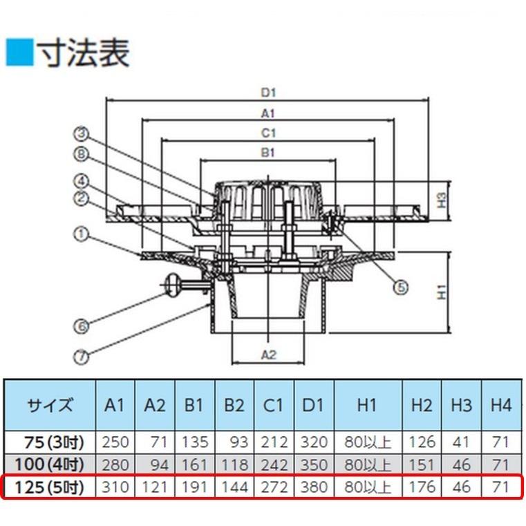 ルーフドレイン 外断熱用 屋上 フロアー用 サイズ 125 先付け 打込み式 差込み接続 5インチ アスファルト シート防水用 SV1FJ＋W ニムラ