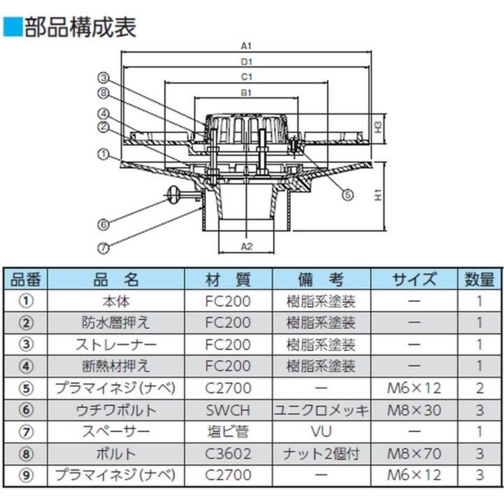 ルーフドレイン 外断熱用 屋上 フロアー用 サイズ 100 先付け 打込み式 差込み接続 4インチ アスファルト シート防水用 SV1FK＋W ニムラ