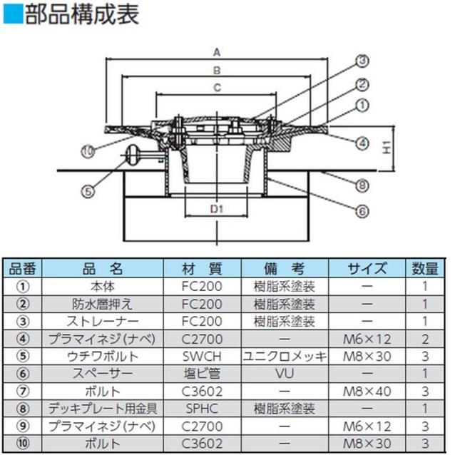 海外 ルーフドレイン デッキプレート用 廊下 踊り場用 サイズ 75 先付け 打込み式 差込み接続 3インチ アスファルト シート防水用 SV1SJ＋D ニムラ