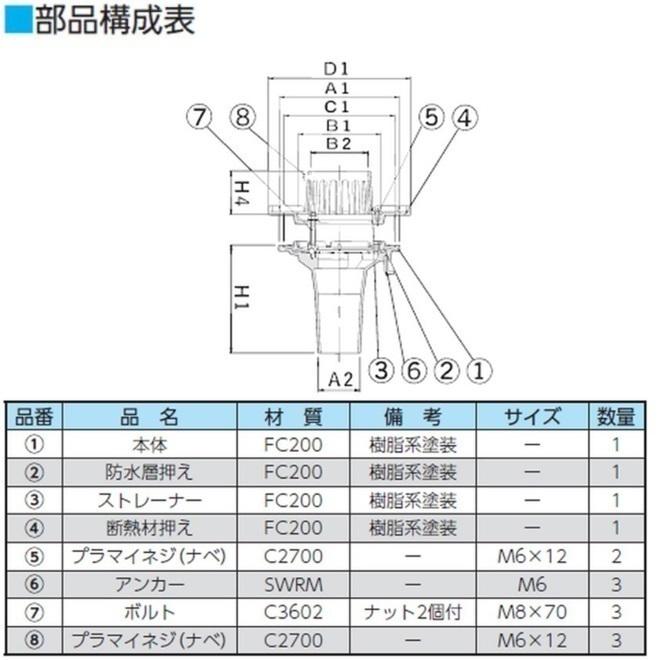 ルーフドレイン 外断熱用 バルコニー中継用 サイズ 150 後付け 差込み接続 6インチ アスファルト シート防水用 SV2B＋W ニムラ