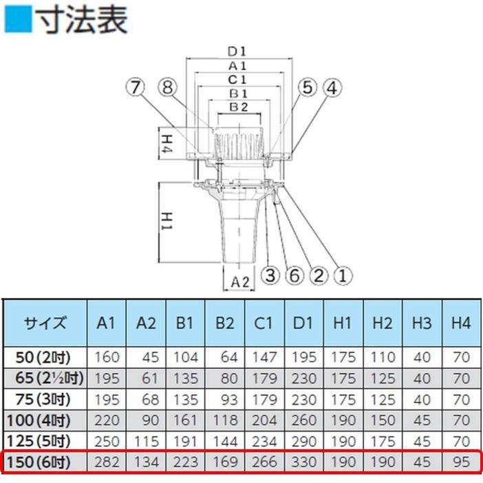 ルーフドレイン 外断熱用 バルコニー中継用 サイズ 150 後付け 差込み接続 6インチ アスファルト シート防水用 SV2B＋W ニムラ