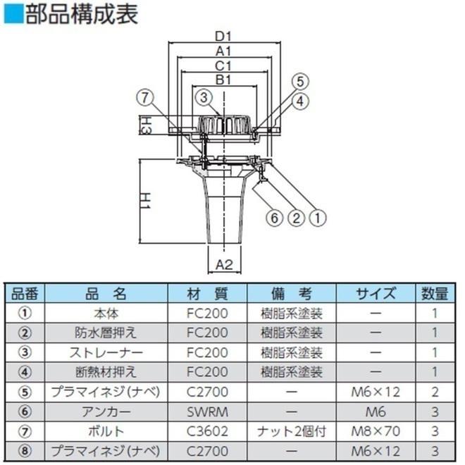 ルーフドレイン 外断熱用 屋上 フロアー用 サイズ 150 後付け 差込み接続 6インチ アスファルト シート防水用 SV2F＋W ニムラ
