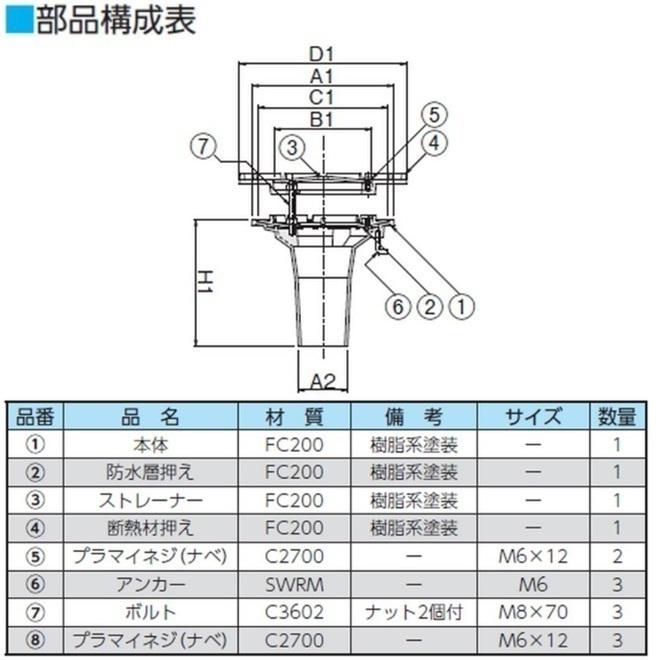 ルーフドレイン 外断熱用 廊下 踊り場用 サイズ 150 後付け 差込み接続 6インチ アスファルト シート防水用 SV2S＋W ニムラ