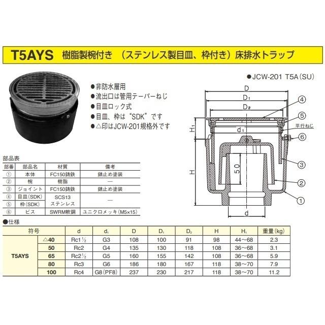 伊藤鉄工 樹脂製椀付き ステンレス製目皿、枠付き 床排水トラップ サイズ80 T5AYS IGS｜imadoyaonabeta｜05