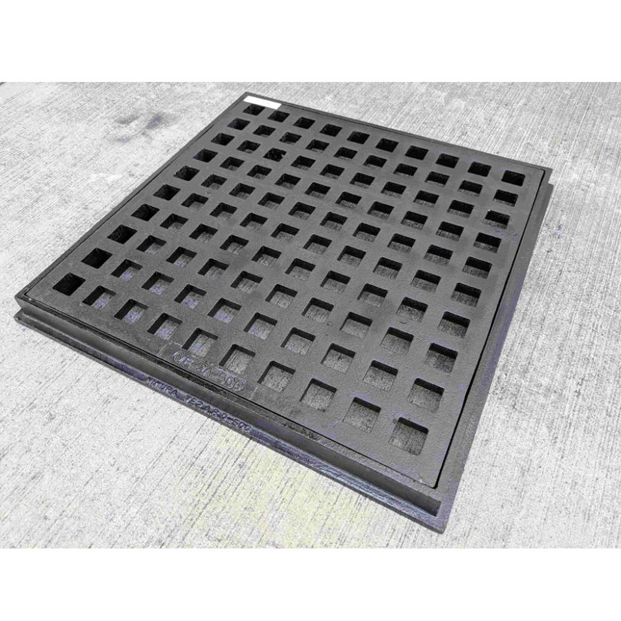 【御影石製 桝蓋 】側溝蓋 角マス　上蓋　29cm角 総重量約12.6kg 鋳鉄製格子蓋 有効寸法500 適用荷重T-6 受枠付き 側溝用 ますぶた 角