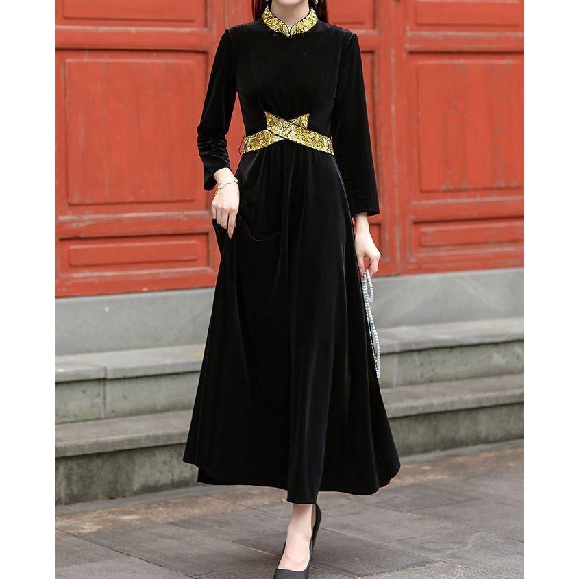 宅配便配送 フレア ハイウエスト 長袖 マオカラー ロング丈 チャイナドレス ワンピース エレガント Op 017yk フォーマル パーティー デート お出かけ 上品 ゴージャス ワンピース カラー ブラック Panero Shop