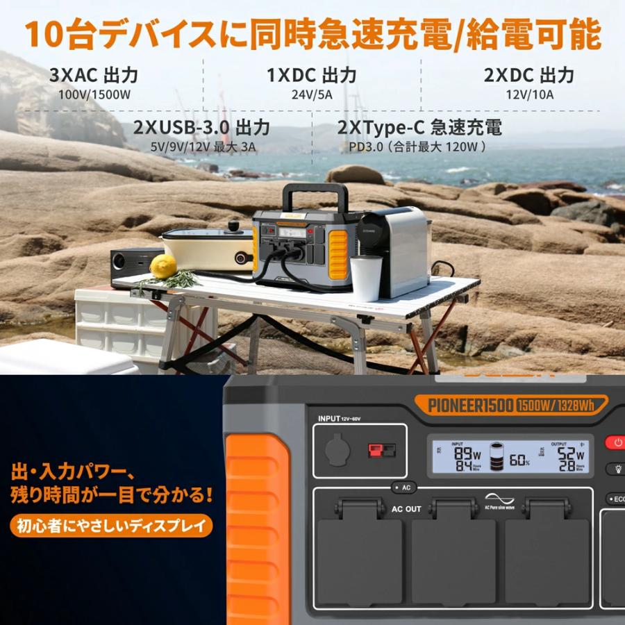 ポータブル電源 1500W 1328Wh 359000mAh PSE認証済 ポータブル