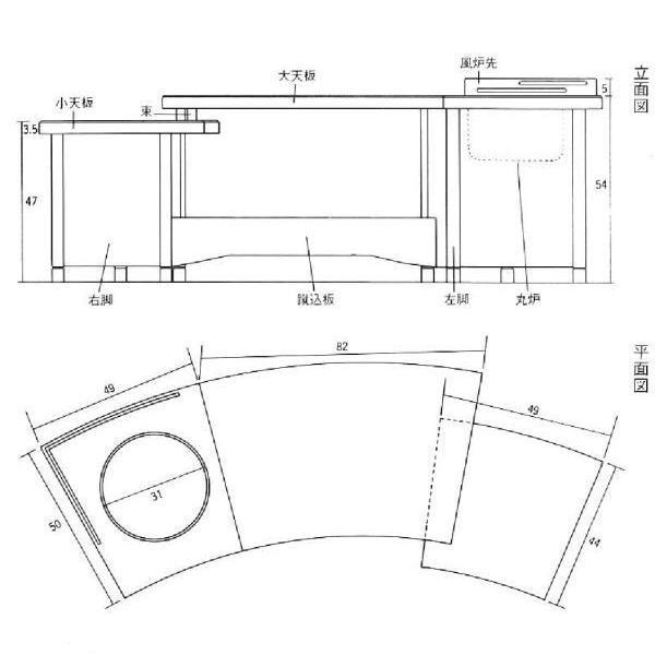 茶道具 立礼卓 扇面立礼卓 真塗面朱 而妙斎好写 円椅1台 風炉先2種付 椿原流水作 組立式 而妙斎好写し｜imaya-storo｜02