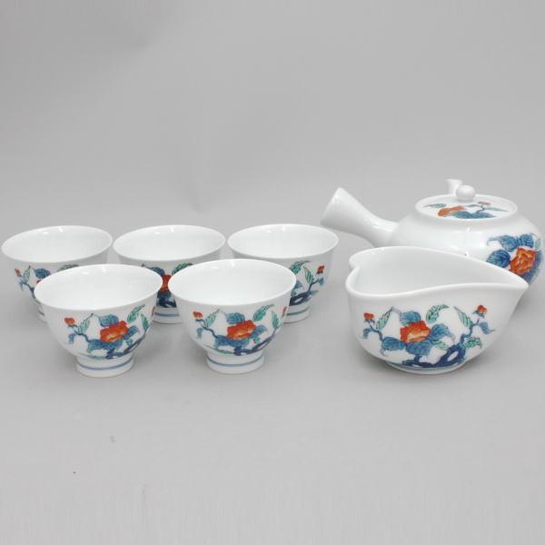 煎茶道具　白磁　煎茶碗　五客組　奥川忠右衛門　共箱　有田焼　草花文　煎茶器　陶芸 煎茶道具 煎茶器 煎茶器セット 有田焼き 岩牡丹 畑万作 湯のみ 5客