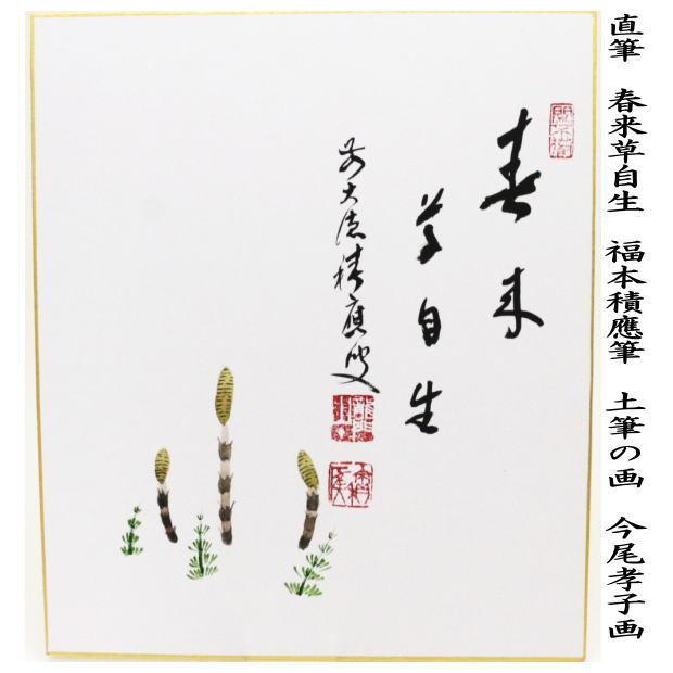 茶道具 色紙画賛 直筆 春来草自生 福本積應筆 土筆の画 今尾孝子画