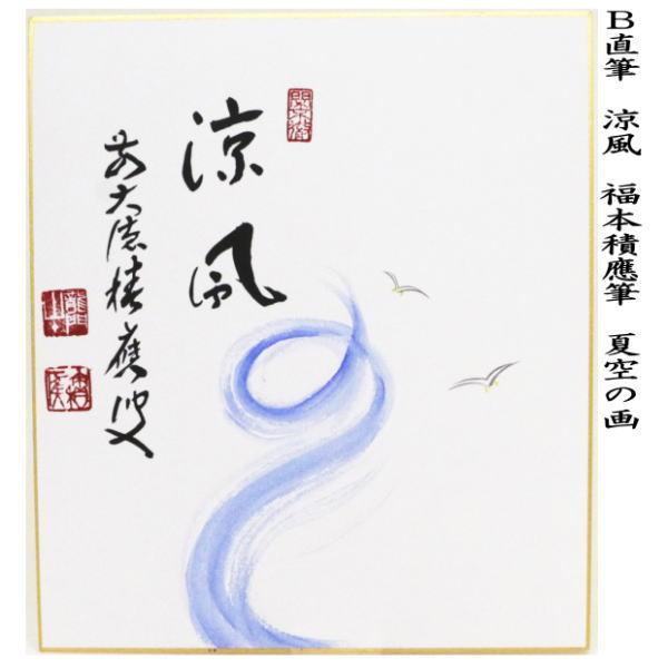 茶道具 色紙画賛 直筆 夏雲多奇峰 夏空の画又は涼風 朝顔の画 福本積應