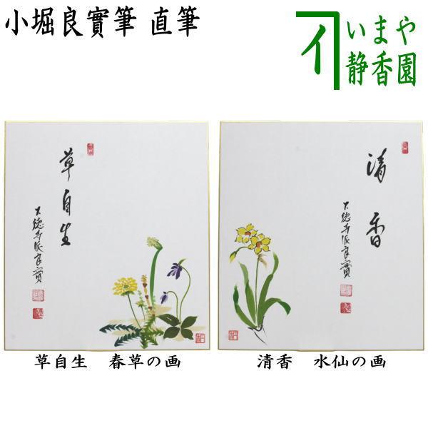 茶道具 色紙画賛 直筆 草自生 春草の画又は清香 水仙の画 小堀良實筆
