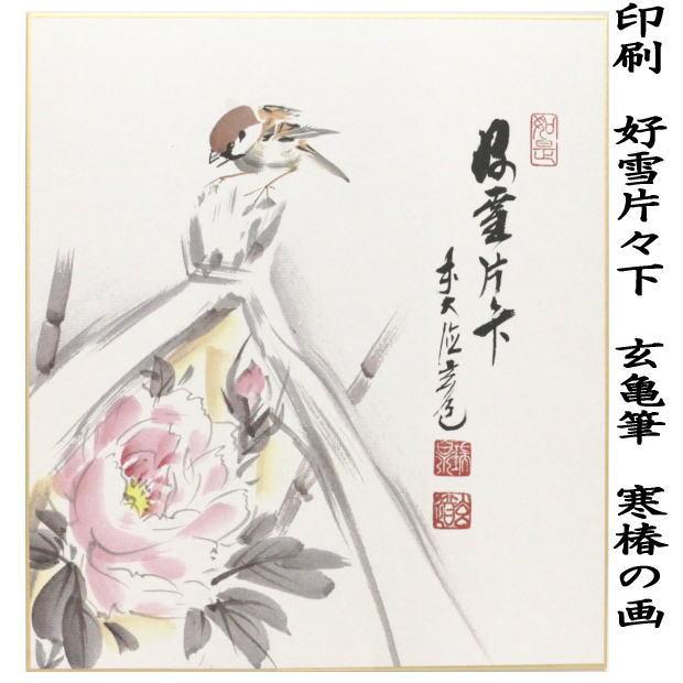 茶道具 色紙画賛 印刷 好雪片々下 玄亀筆 寒椿の画 茶道 : 茶道具