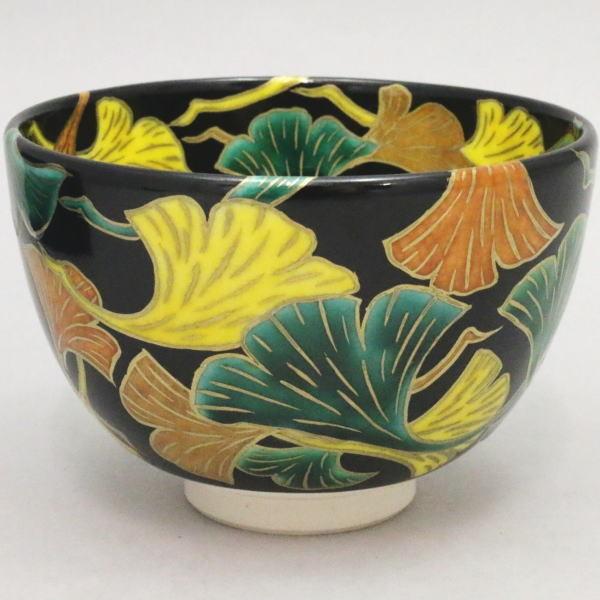 茶道具 抹茶茶碗 京焼き 銀杏 黒地 杉田祥平作 清閑寺窯