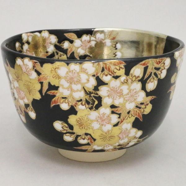 茶道具　桜二御所車茶碗　手塚石雲(手塚充) 茶道具 抹茶茶碗 黒仁清写し 桜 手塚石雲作 花蝶窯 茶道 : 茶道具