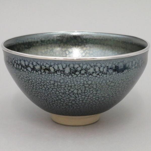 茶道具 抹茶茶碗 油滴天目 覆輪本銀 田中万祥作 茶道