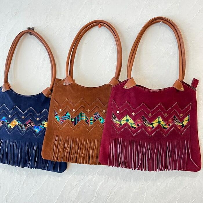【本革】エクアドル先住民手作り 花刺繍入り フリンジ付き スウェードトートバッグ （ネイティブクラフト）｜imbaya