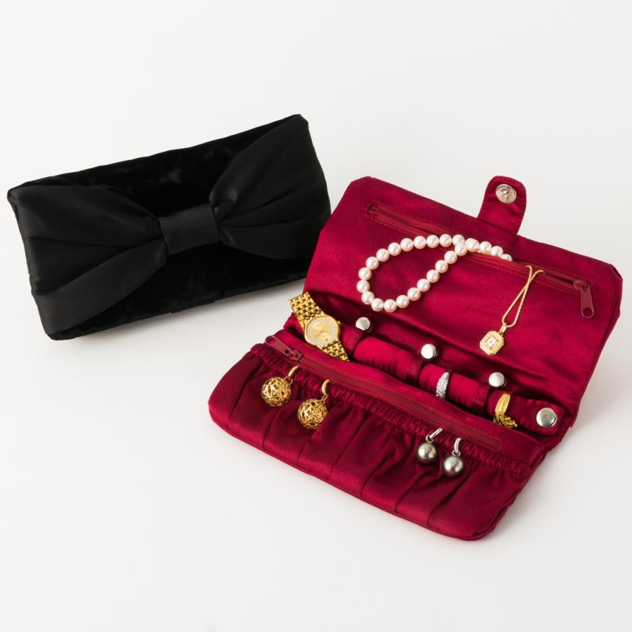 ベルベット 限定品 サテンリボンジュエリーポーチ 大 携帯用 トラベル用 2色 ブラック アクセサリーケース レッド