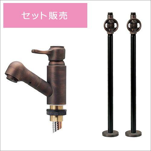 アイエム　床給水パーツセット　シングルレバー混合栓　IM-E414012-WDD6-PF　ブロンズ　ヘッド引き出しタイプ+ストレート止水栓付