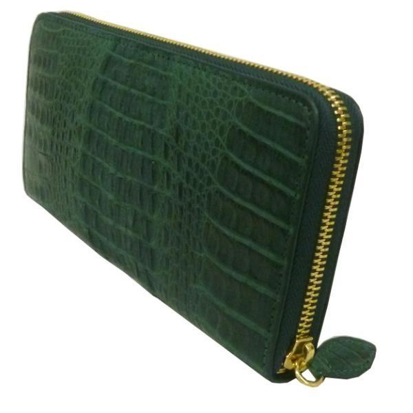 クロコダイル 財布 本物 マット仕上げ グリーン 緑 ヘンローン社製 ワニ革 クロコダイル 長財布 メンズ 財布 ラウンドファスナー カイマン