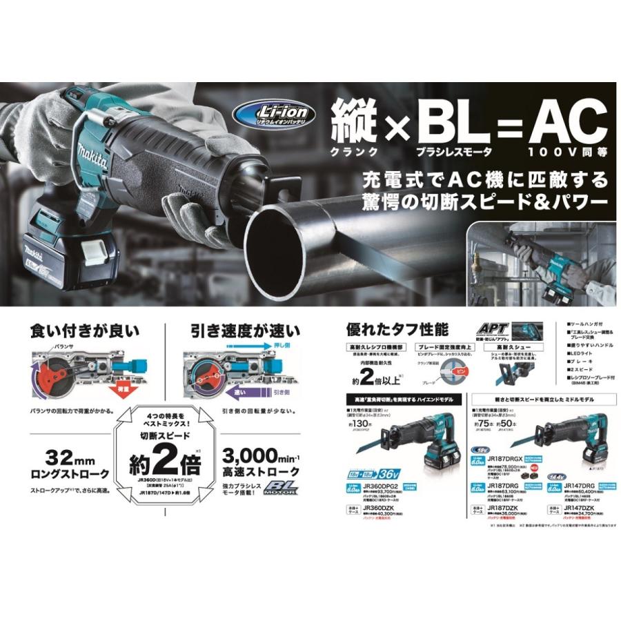 マキタ 18V 充電式レシプロソー JR187DRGX バッテリー2個付 マキタ 18V 充電式レシプロソー JR187DRGX バッテリー2個付