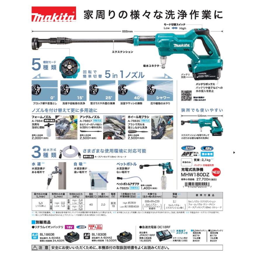 マキタ 18V 充電式洗浄機 MHW180DZ 本体のみ バッテリー無し マキタ 18V 充電式洗浄機 MHW180DZ 本体のみ バッテリー無し