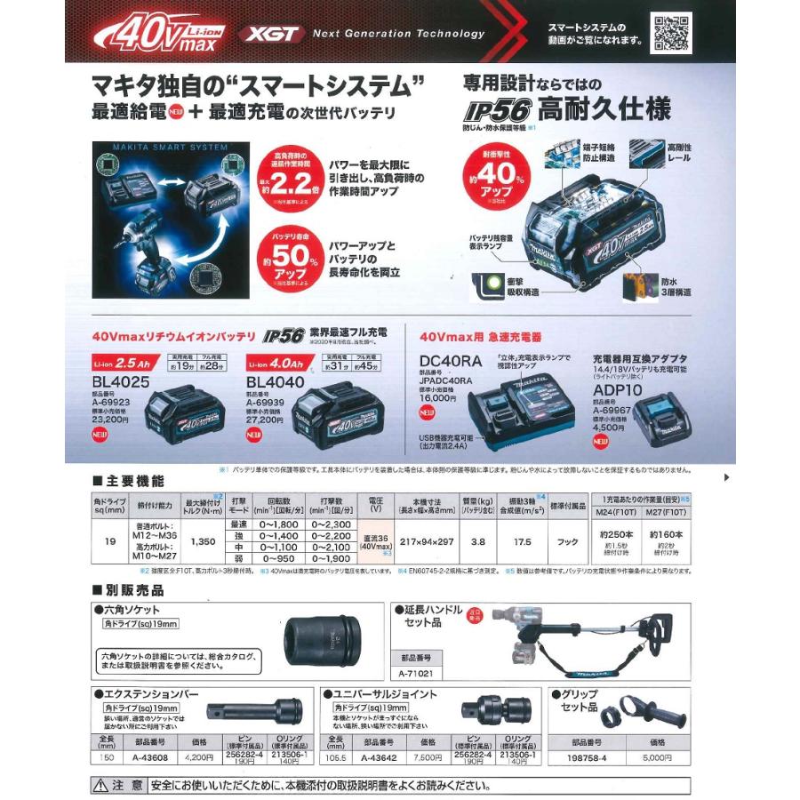 マキタ 40V 充電式インパクトレンチ TW001GRDX バッテリー2個 マキタ 40V 充電式インパクトレンチ TW001GRDX バッテリー2個