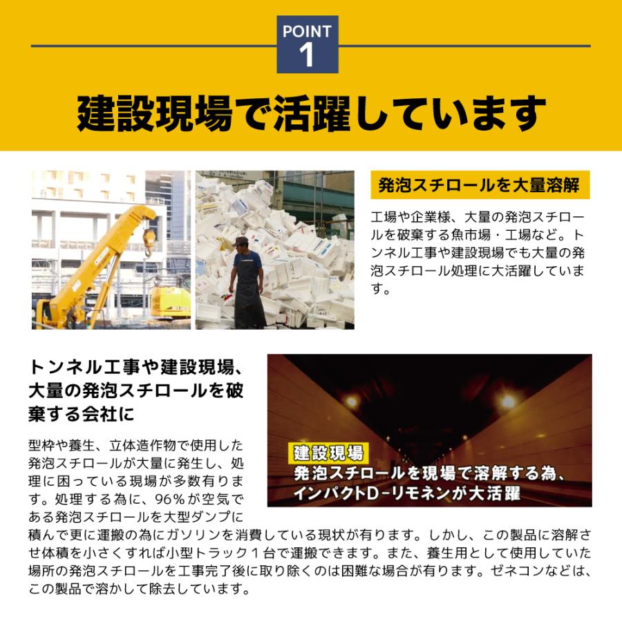 天然成分100% 原液 | 発泡スチロール 溶解液 シール剥がし 天然ゴム溶解【業務用プロの道具】インパクト D-リモネン 1リットル |  | 09