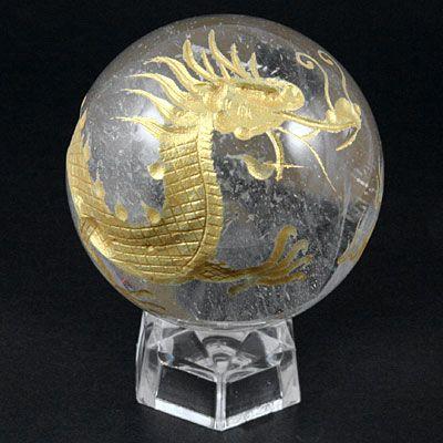 彫刻置物 丸玉 水晶50mm 金彫り 五爪龍 天然石 パワーストーン プチ