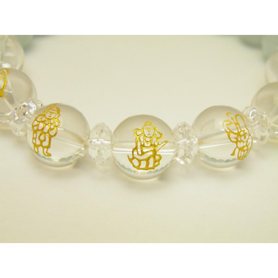 水晶 金彫り 七福神12mm＆アクアマリン10mm玉オリジナルブレスレット