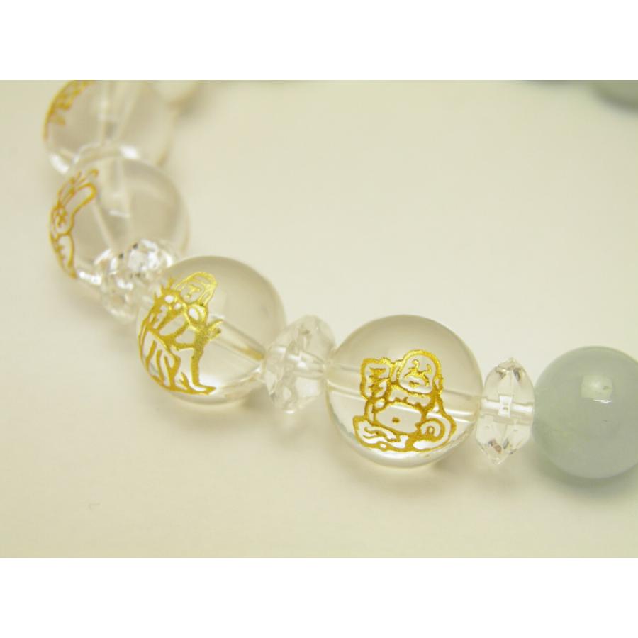 水晶 金彫り 七福神12mm＆アクアマリン10mm玉オリジナルブレスレット