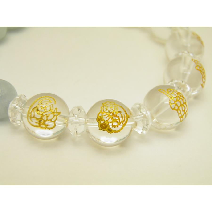 水晶 金彫り 七福神12mm＆アクアマリン10mm玉オリジナルブレスレット