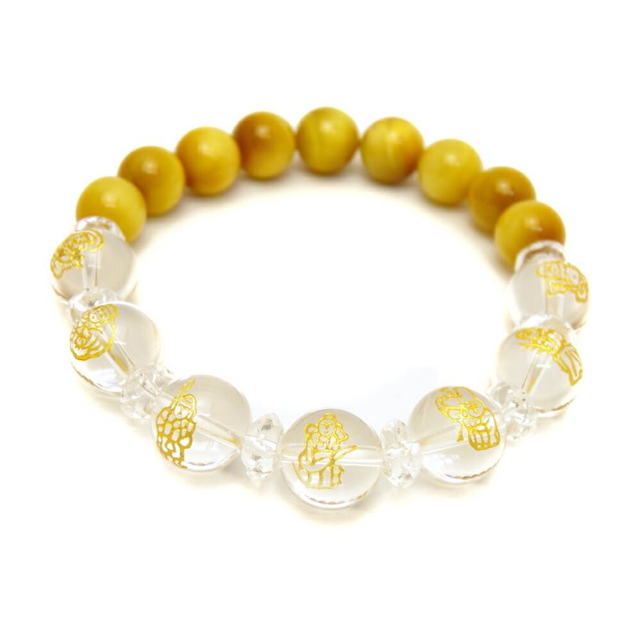 水晶 金彫り 七福神12mm＆ゴールデンタイガーアイ10mm玉オリジナル