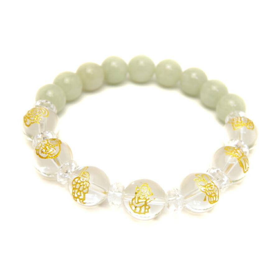 水晶 金彫り 七福神12mm＆翡翠10mm玉オリジナルブレスレット 数珠