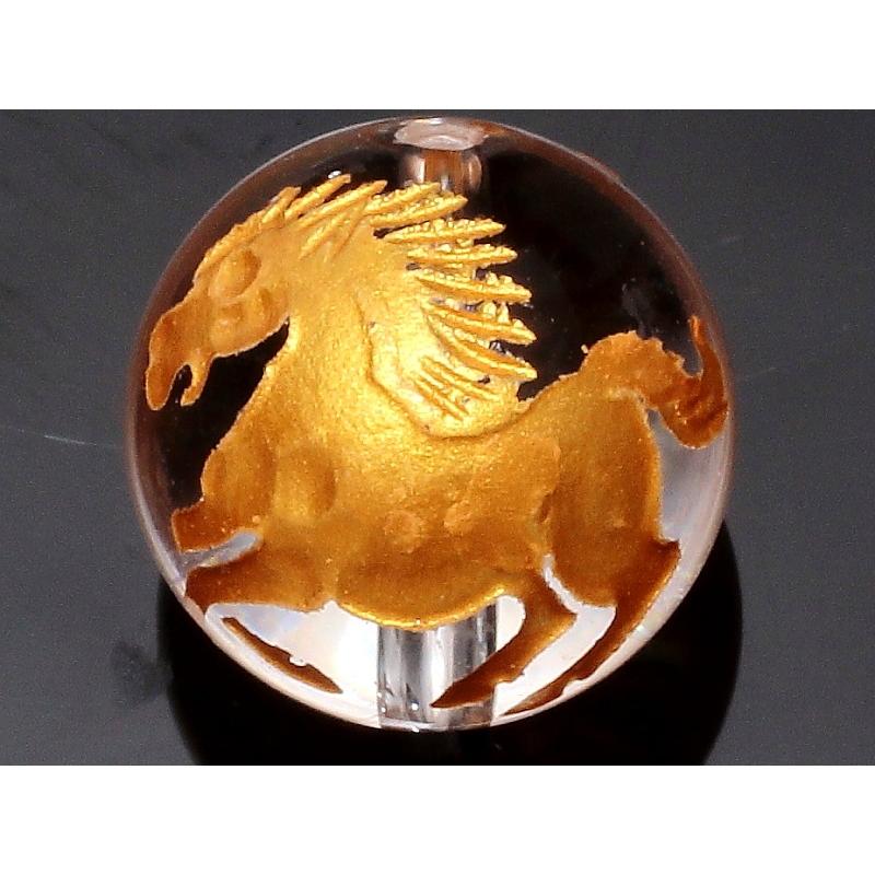 手彫り珠 クリスタル水晶 金彫り 馬 午 10mm 彫刻 一粒売りビーズ