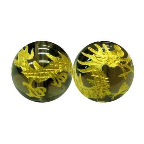 龍 茶水晶 10mm 金色入り 手彫り玉 彫刻 一粒売りビーズ