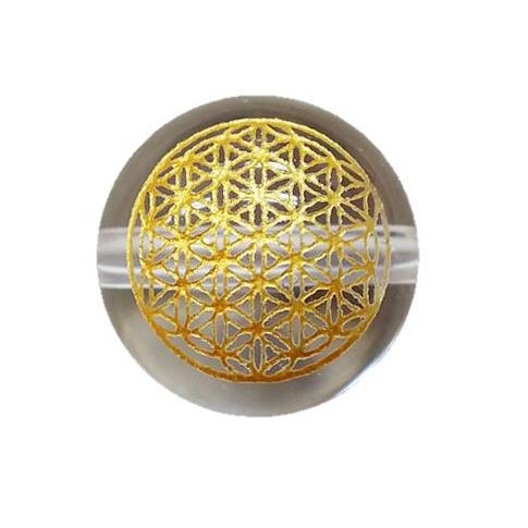 フラワーオブライフ 水晶 彫刻ビーズ 金入り 14mm 彫刻 一粒売りビーズ