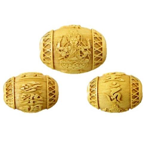 浮彫 ウン 愛染明王 柘植玉 彫刻ビーズ 樽型 横穴 約18×13mm 穴あり一