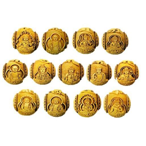 闘龍文字 浮彫 十三仏・ご本尊・梵字玉 菱紋入り 18mm 柘植大玉 横穴