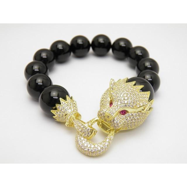 タイガー 虎 CZダイヤ キュービック・ジルコニア ブレスレット オニキス ゴールドカラー パワーストーン