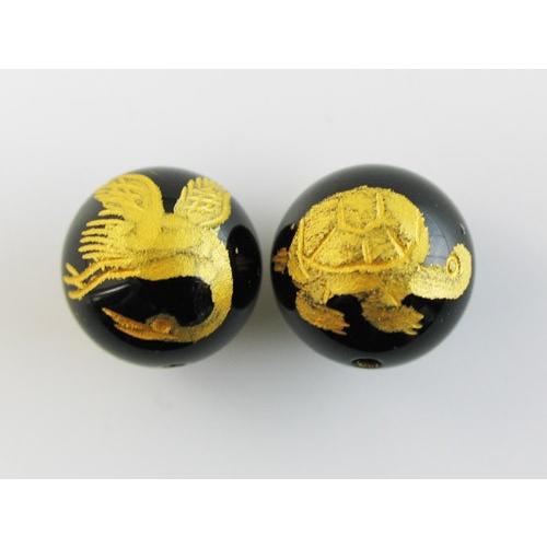鶴亀 オニキス手彫り玉 金入り 12mm 一粒売り 手作りにオススメ 天然石 