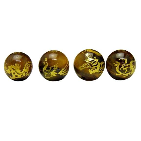 四神獣彫刻ビーズ タイガーアイ金彫り 10mm 青龍・朱雀・白虎・玄武